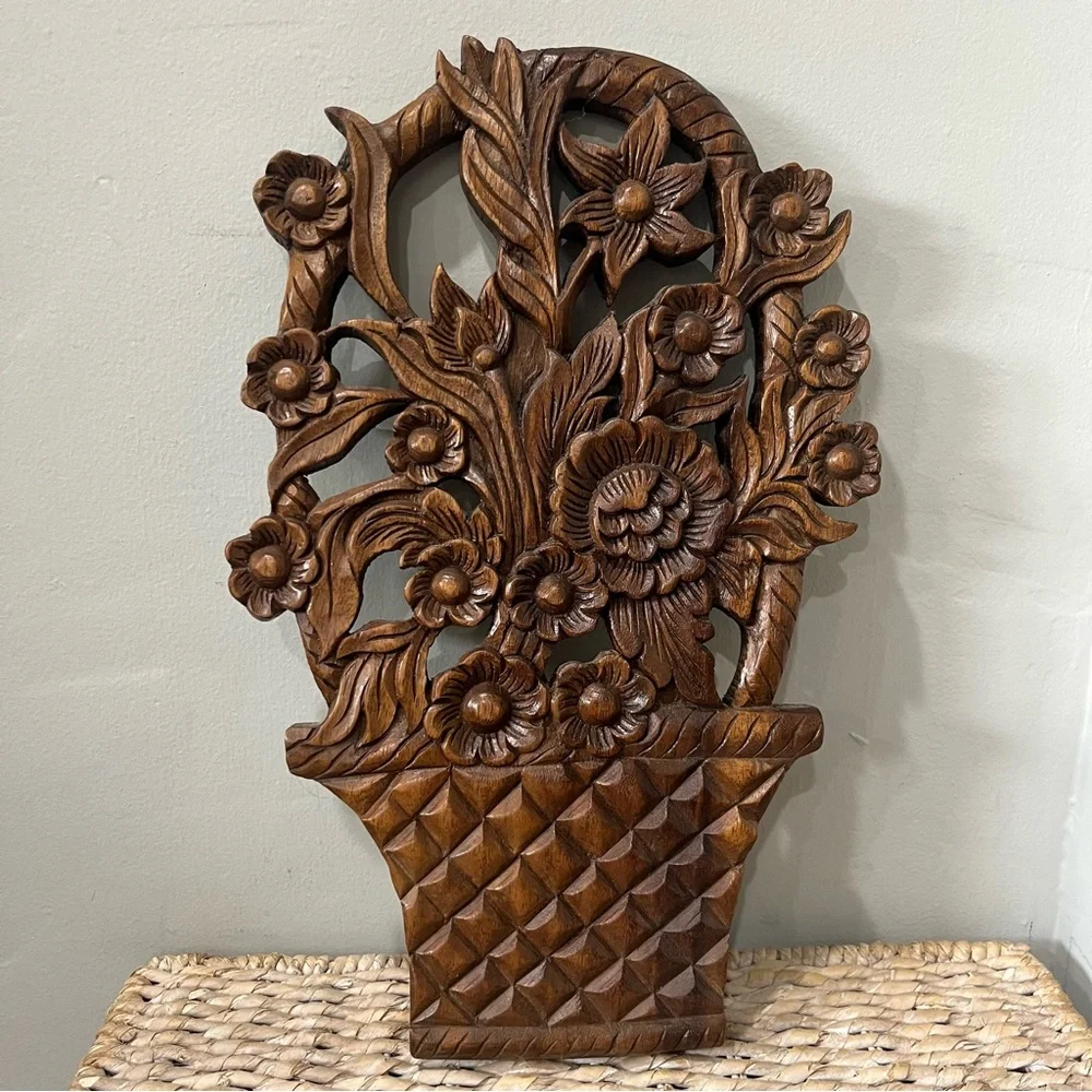 Vintage wood hanging flowers In Basket MCM‎ 17” Boho